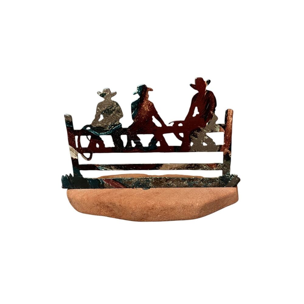 COWBOY SCULPTURE ART Painted Metal Art Sandstone Base 3 Cowboys Fence 3007-27